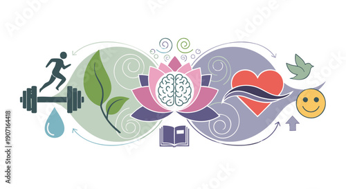 Illustration of wellness and self-care concepts featuring a lotus flower, brain, and heart symbol