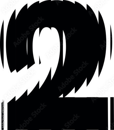 Black number two with ribbed glass effect vector icon, fluted even numeric symbol 2 with striped reflections ripple blur