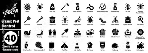 Organic pest control icons. Solid color editable vector icons set for agriculture, insect control, and sustainable farming practices vector illustration.