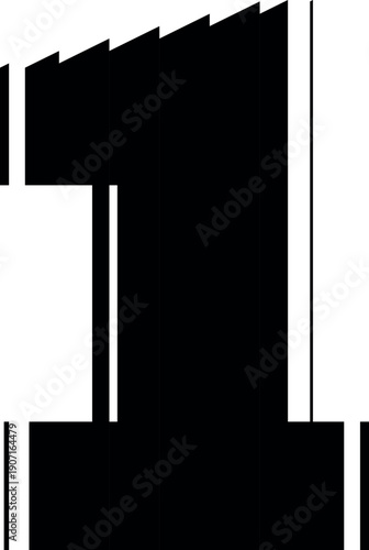 Black number one with ribbed glass effect, vector fluted odd numeric symbol 1 with striped reflections ripple blur