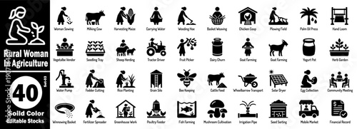 Solid black silhouette icon set of rural women working in agriculture, including tasks such as harvesting maize, milking cows, plowing fields, and managing small-scale farm businesses vectors.