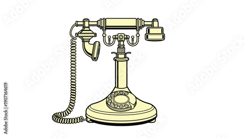 Vintage ivory-colored rotary telephone with a classic ornate design and a coiled cord shown on a white background for nostalgic communication.