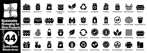 Sustainable packaging for farm products icons set. Solid color editable stocks. Collection of sustainable agriculture product packaging methods concept vector illustration.