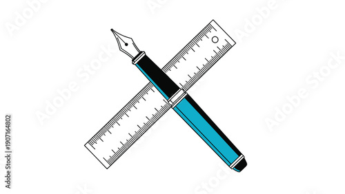 Fountain pen and a transparent ruler crossed in an X shape against a white background representing school supplies or architectural design tools.