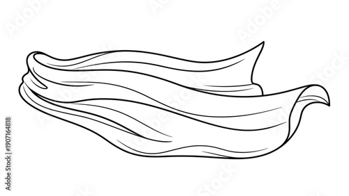 Simple black and white line drawing of a piece of lightweight fabric or a scarf flowing gracefully in the wind against a white background.