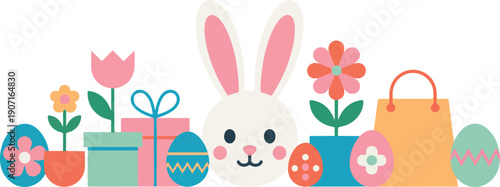 Cute Easter Flat Vector Illustration Set Eggs, Bunnies, Tulips, and Spring Elements