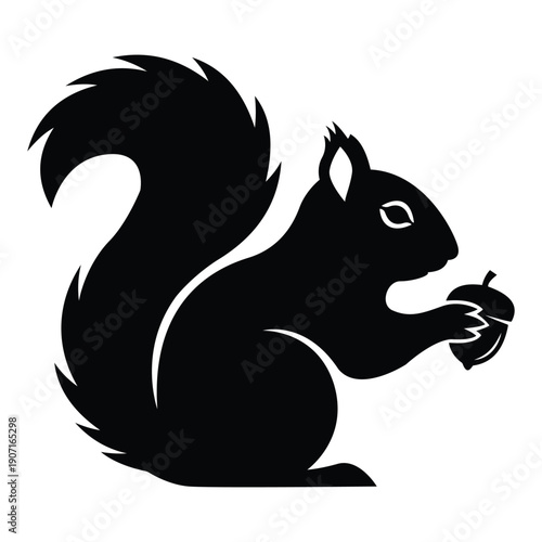 Black squirrel silhouette with acorn vector icon isolated on white background.