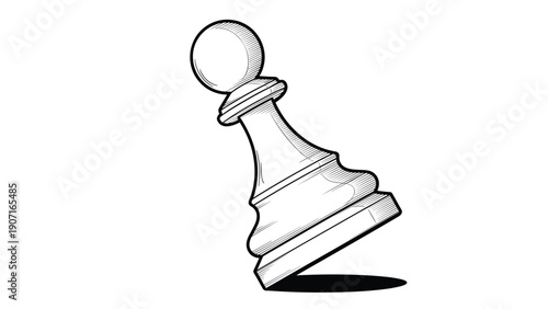 Stippled line drawing of a single chess pawn piece tilted at a dynamic angle with a small shadow underneath it on a clean white background.