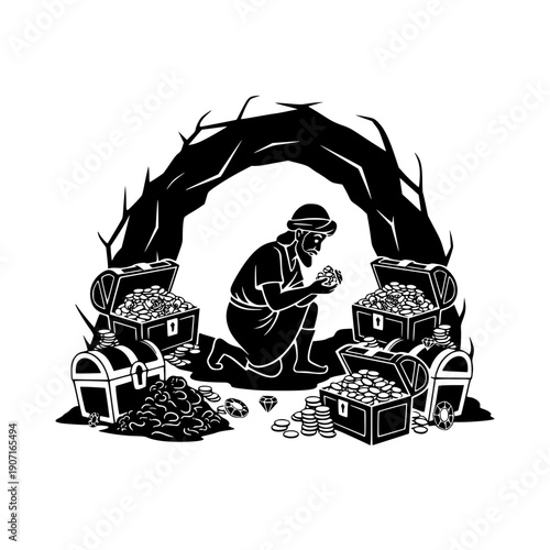 Ali Baba Character Finding Treasure Black Silhouette Icon