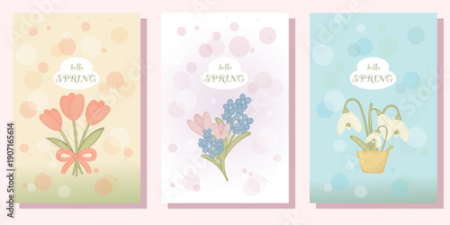 Spring greeting card set with floral illustrations. Perfect for seasonal greetings, invitations, posters, and digital projects celebrating the arrival of spring.
