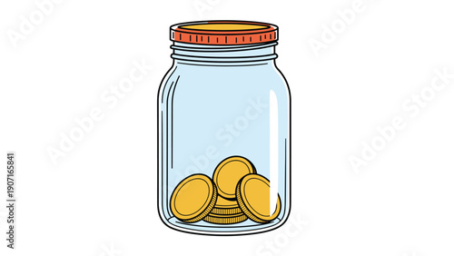 Glass saving jar containing several golden coins with a red lid against a white background representing financial savings and money management.