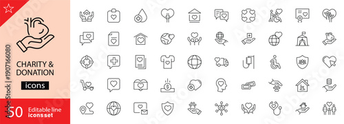 Charity and Donation icons set. Containing Help, caring, donate, donor, love, support, solidarity, alms, donate, volunteer, care, charity and more. Editable stroke. Outline icons. Vector illustration.