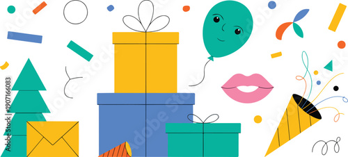 Birthday Celebration Flat Vector Icon Set Gift, Cake, and Smiley Face