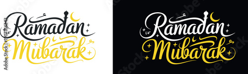 Beautifully designed calligraphy showcasing the celebratory greeting ramadan mubarak presented in contrasting dual color schemes against white and black backgrounds for versatile use.