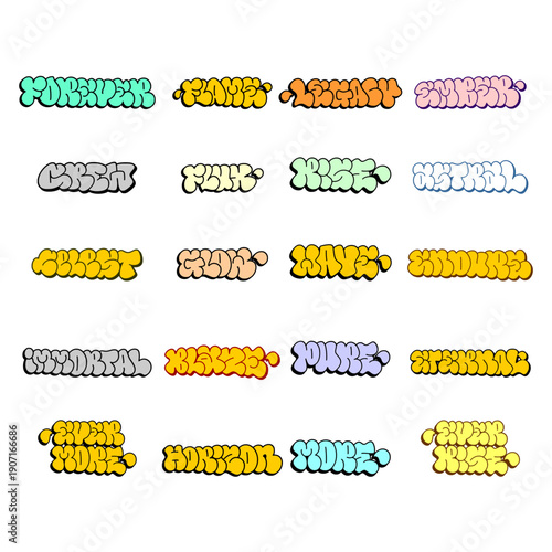 Collection of 20 graffiti throw up bubble letter designs. Colorful street art alphabet set with drip effects on white background. High quality vector bundle for stickers and clothing.