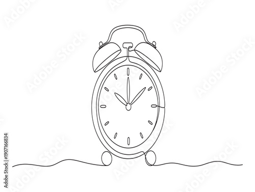 A black and white line drawing of an alarm clock with a cord