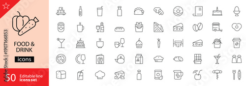 Food and drink icons set. Includes symbols of meals, snacks, drinks, kitchen items, and dining elements. Editable stroke. Vector illustration. Outline icons. Perfect for restaurant projects. 