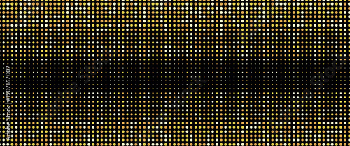 Golden color halftone gradient. Pop art comic glitter backdrop texture. Abstract gold dotted pattern background. Yellow confetti wallpaper for banner, poster, flyer, party decor, presentation. Vector