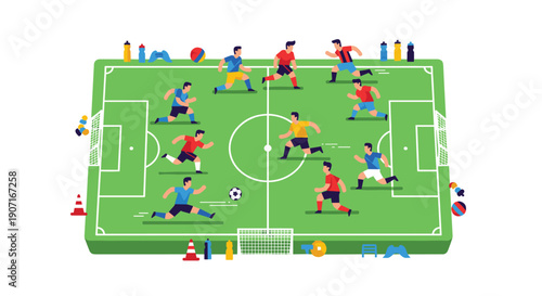 Numerous soccer players actively running on a vibrant green field, surrounded by various sports accessories under a clear, bright setting.