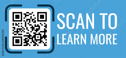 QR code blue frame, scan viewfinder frame with QR code and inscription Scan to learn more, vector sticker mobile scanner