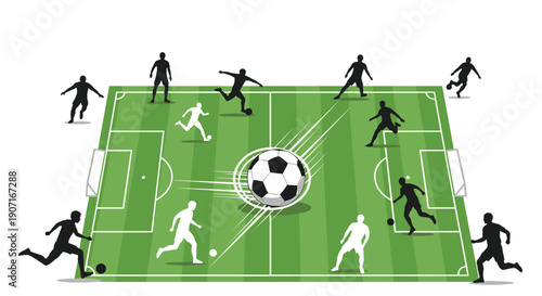 Dynamic silhouettes of soccer players engaged in a fast-paced game on a striped green football field, featuring a large, motion-blurred ball at its energetic center.