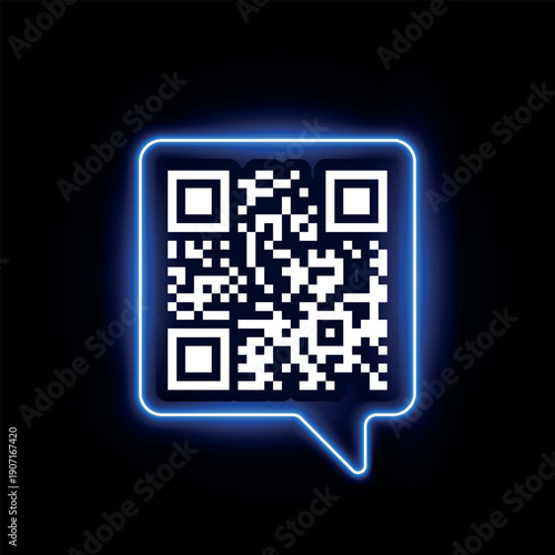 QR code in blue speech bubble glowing neon frame, scan frame with barcode scan for smartphone, vector sticker template