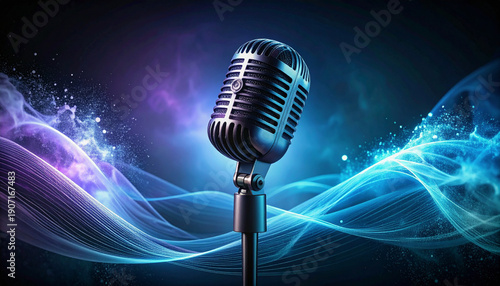 Eurovision background banner advertising 2026 microphone symbol with abstract musical waves, blue and purple lighting, clean background, modern promotional graphic.