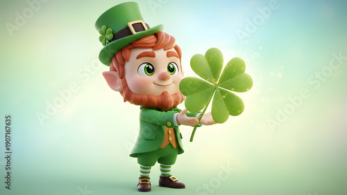 St patrick's day cartoony leprechaun holding four leaf clover