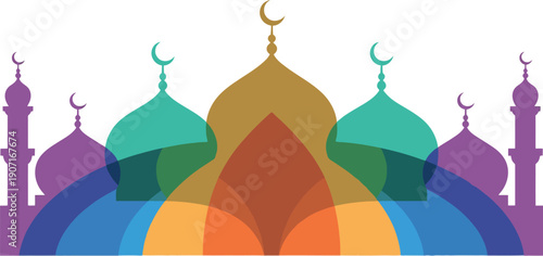 Colorful overlapping silhouettes of traditional mosque domes and minarets forming an abstract panoramic religious architectural banner illustration for islamic holidays.