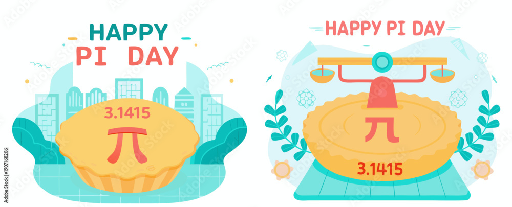 Fototapeta premium A colorful vector graphic illustration celebrating Pi Day with pies and mathematical symbols