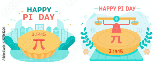A colorful vector graphic illustration celebrating Pi Day with pies and mathematical symbols