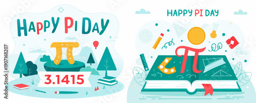 A colorful vector graphic illustration celebrating Pi Day with mathematical symbols and school supplies