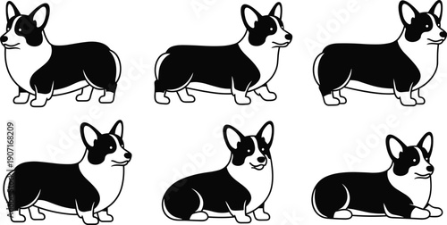 Black and White Cartoon Illustration of Corgi Dogs in Various Poses Depicting Sitting, Standing, Lying Down, and Playful Character Design