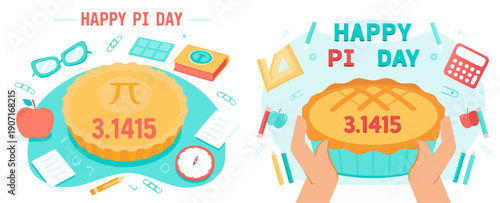 A colorful vector illustration celebrating Pi Day with mathematical symbols and a delicious pie