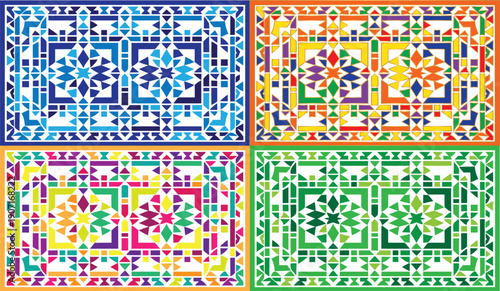 Vibrant geometric patterns in four colorful, decorative tile designs