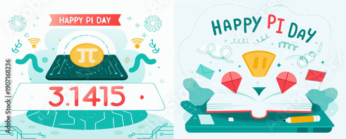A colorful vector graphic illustration celebrating Pi Day with mathematical symbols and designs