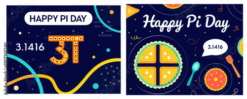 A colorful vector graphic illustration celebrating Pi Day with pie icons and mathematical symbols on a dark blue background