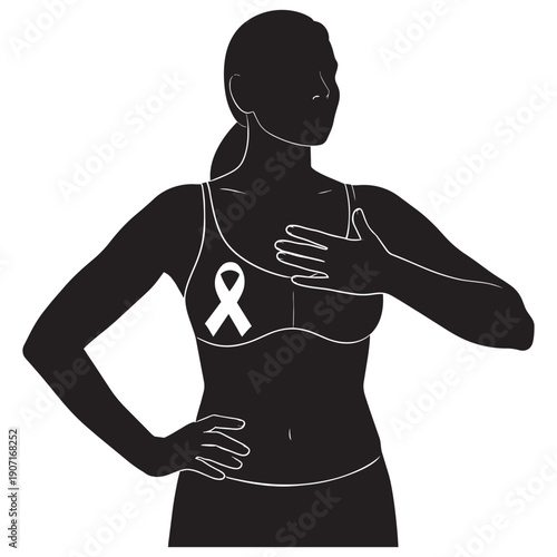 Woman checking her breast to prevent and support the cause of breast cancer. Breast self exam concept vector illustration