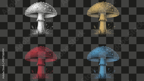 Amanita Mushroom Detailed Stipple Engraving Vector Graphic Featuring White, Golden, Red, and Blue Fungi