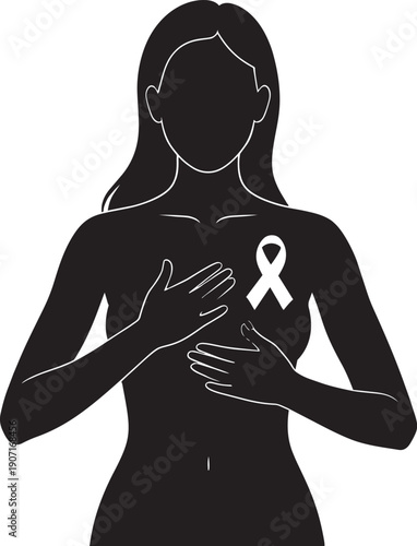 Woman checking her breast to prevent and support the cause of breast cancer. Breast self exam concept vector illustration