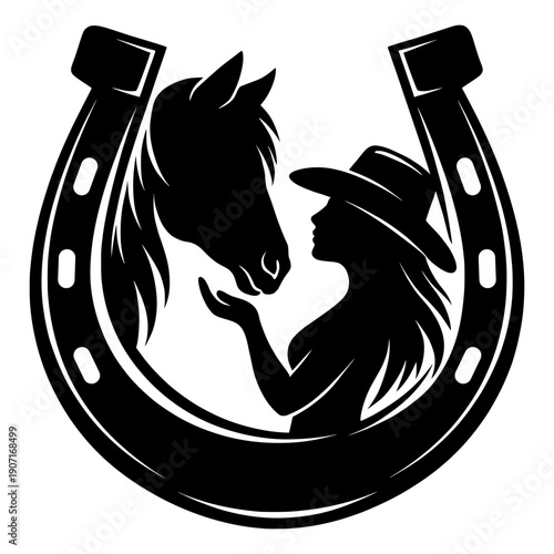 Cowgirl And Horse Inside Horseshoe Silhouette, Western Country Ranch Illustration, Black And White Equestrian Vector Design For Logos, T Shirts, Stickers And Prints