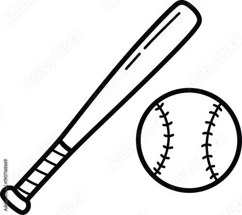 Black and white illustration of a baseball bat and ball