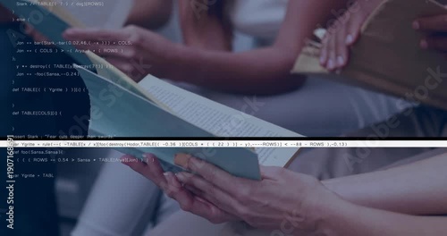 Camera zooming, hands holding mint book, turning pages, code bars shifting, focusing ring finger