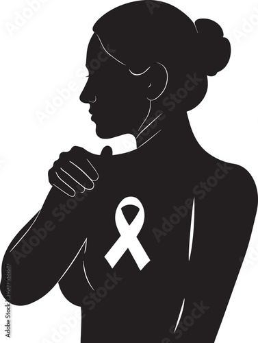 Woman checking her breast to prevent and support the cause of breast cancer. Breast self exam concept vector illustration
