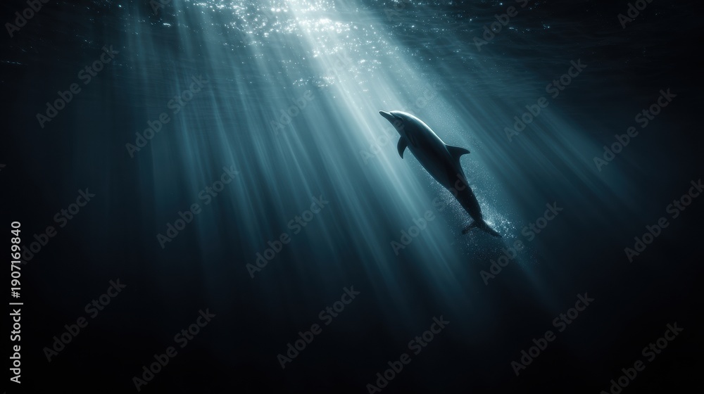 Fototapeta premium Dolphin Swims Upward Toward Light in Ocean, Representing Growth and Change in a Vast Space