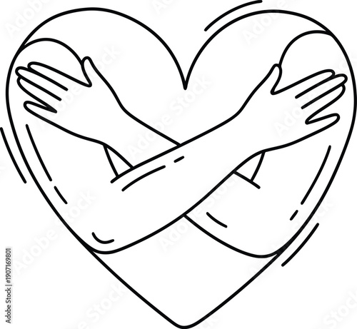 Selflove concept arms hugging a heart shape, simple line art drawing representing selfcare, affection, and emotional wellbeing