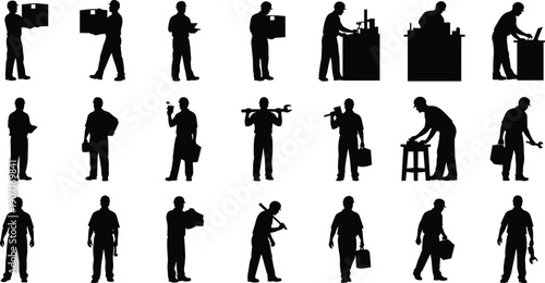 Black Silhouette Illustration of Twenty Workers Performing Various Tasks Depicting Manual Labor, Tools, Documents, Machinery, and Workplace Activity