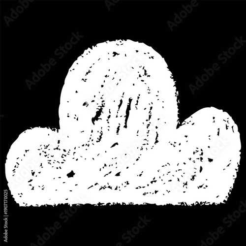 Crayon cloud shape, vector white cloud silhouette chalk texture on black, paper cut out shape, abstract childish art