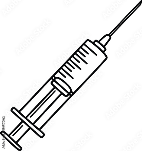 Black and white outline drawing of a medical syringe with a needle