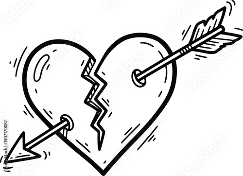 Hand drawn broken heart pierced by two arrows in doodle style